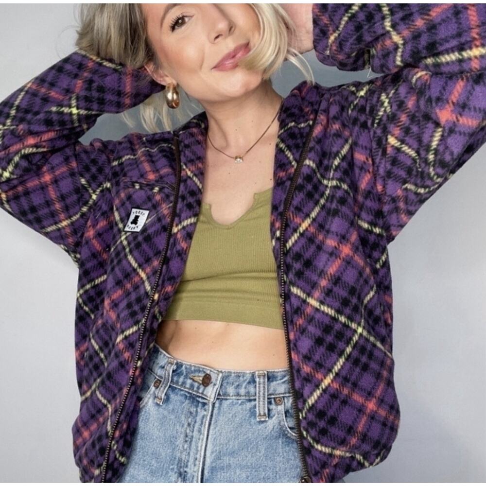 Teddy Fresh Women's Purple Plaid Sherpa Fleece Full Zip Jacket Cozy - Size XL